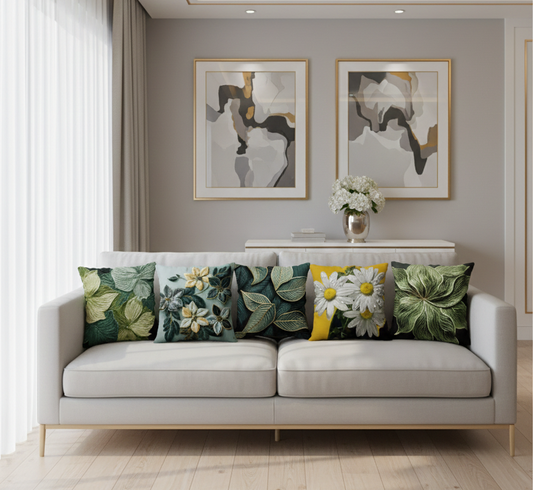 Emerald Majestic – Set of 5 | 16x16 Premium Silk Cushion Covers | Maknoonz Exclusive (MZEM-5P-S)